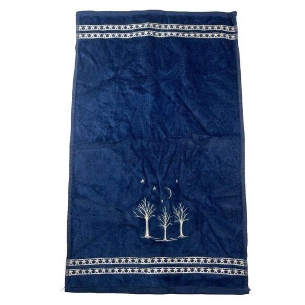 Vtg. Santens Christmas Embroidered Silver Tree Blue Towel NWT 16x26"